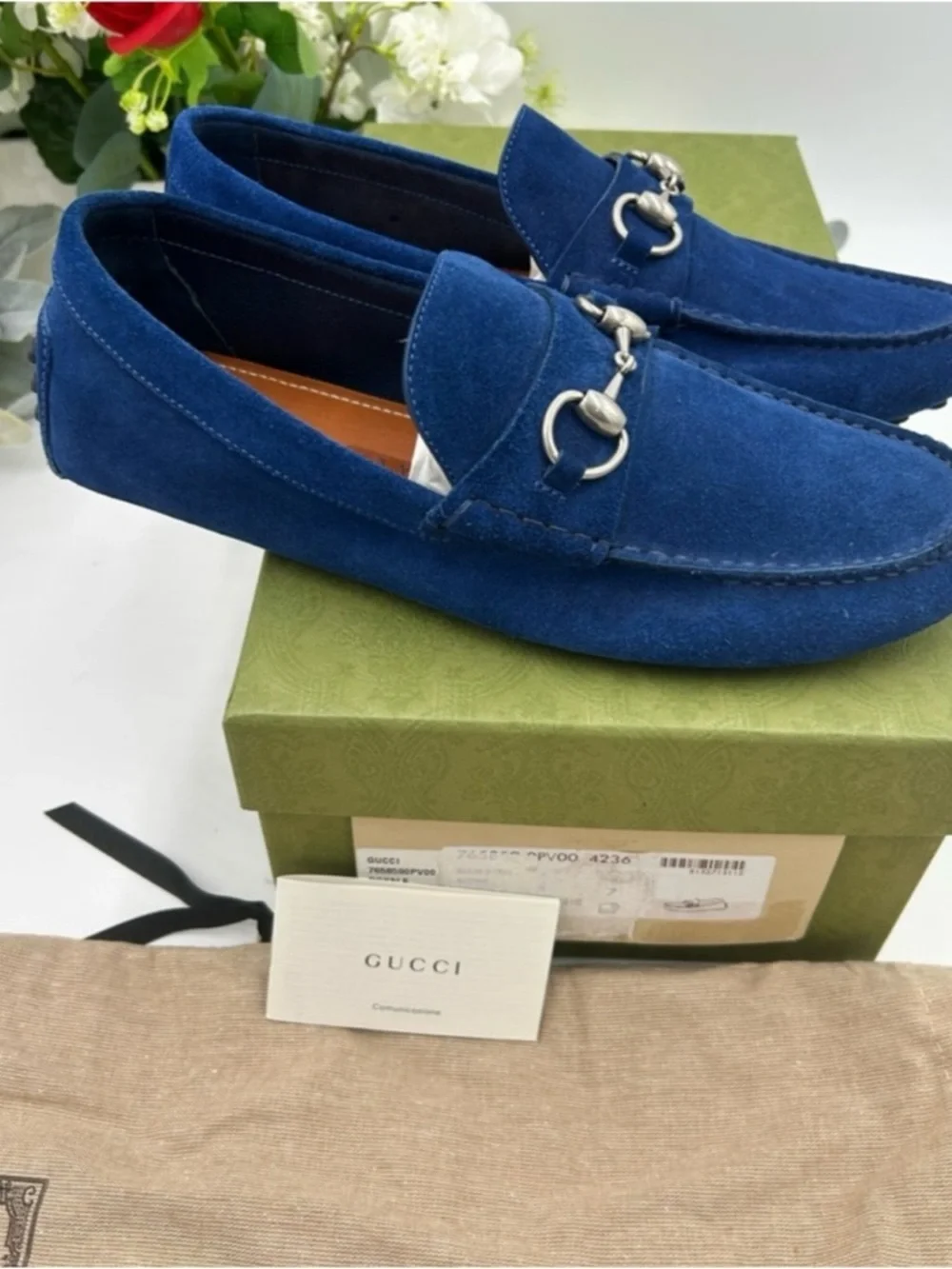 Gucci horse bit blue suede loafers size 7 fits 8 US made in Italy